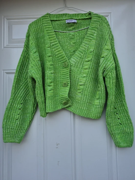 Bright Green Cropped Colorful Knit Button Front Relaxed Fit Cardigan Sweater - Picture 8 of 8